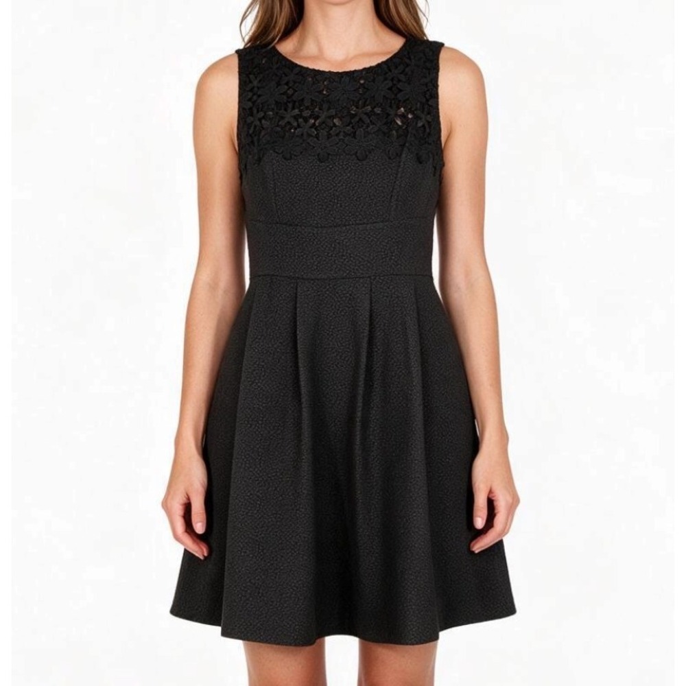 DARLING Textured POLY KNIT Black CROCHET FLORAL YOKE Fit/Flare PARTY DRESS M
